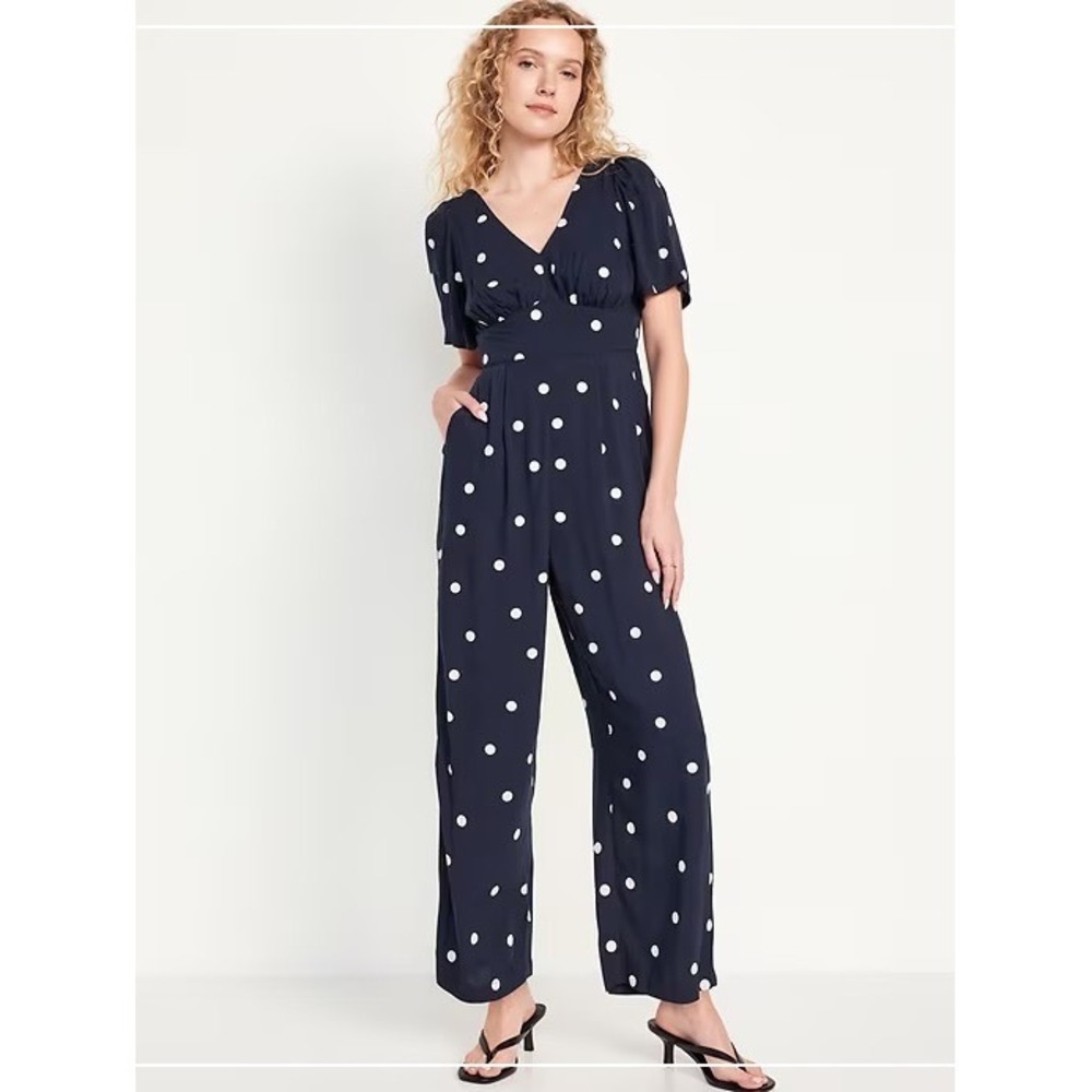 Old Navy Navy Blue Polka Dot Puff Sleeve Wide Leg Jumpsuit V-Neck Smocked Medium